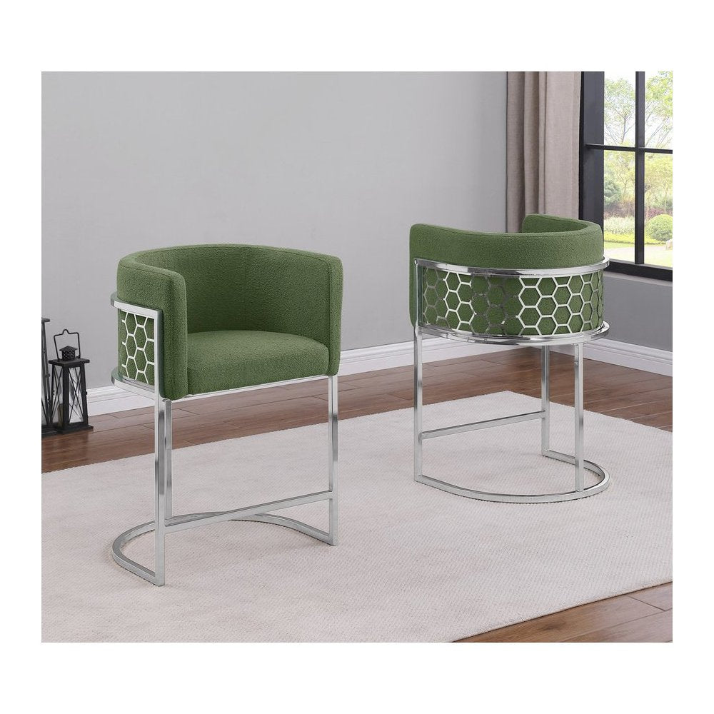 Honeycomb back barrel chair in Green with silver base, Set of 2