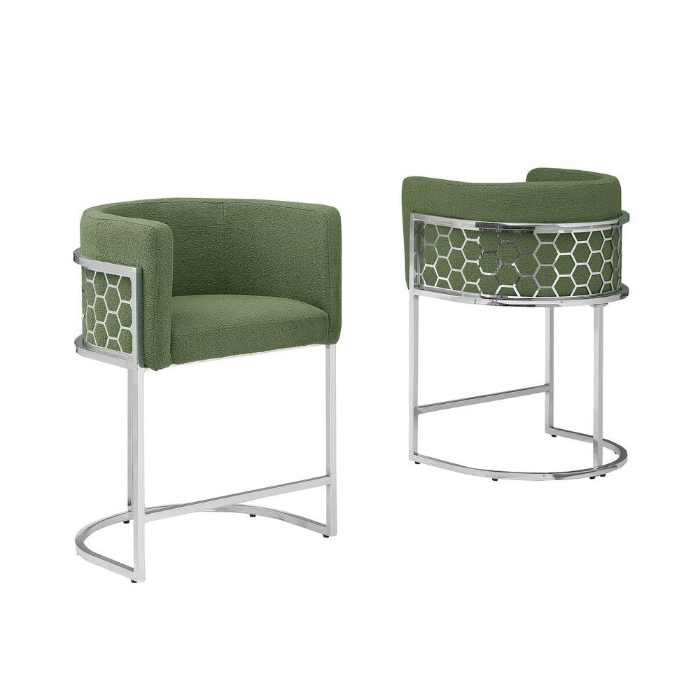 Honeycomb back barrel chair in Green with silver base, Set of 2