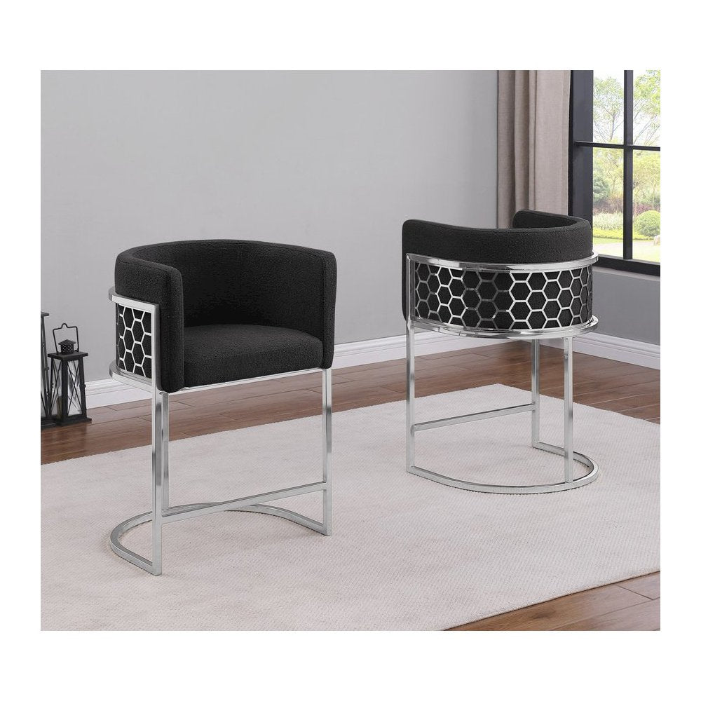 Honeycomb back barrel chair in Black with silver base, Set of 2