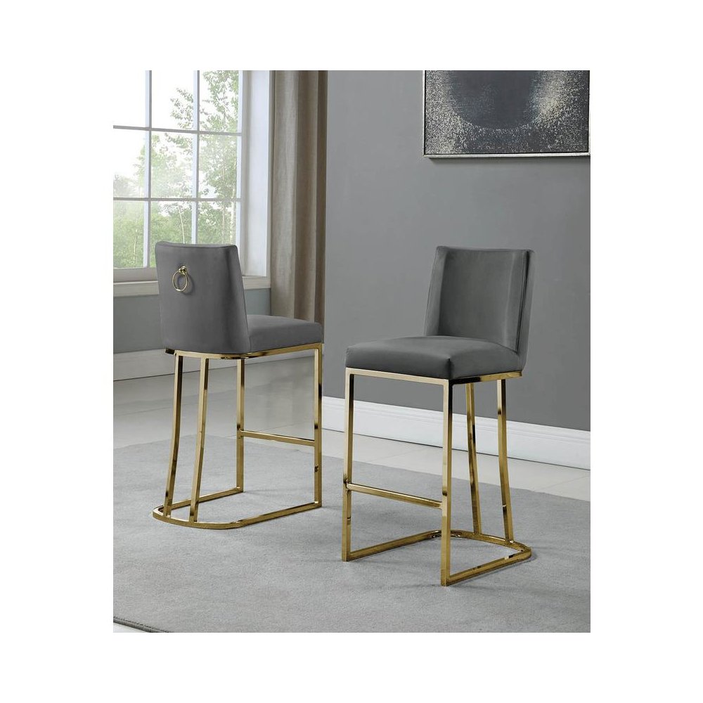 24" Velvet Counter Stool, Dark Grey, Chrome Gold Base (Set of 2)