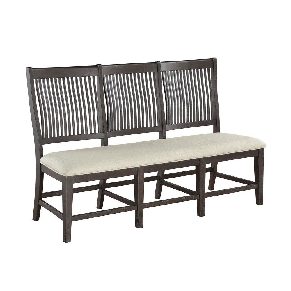 Rustic brown big side bench with wood back and beige linen fabric