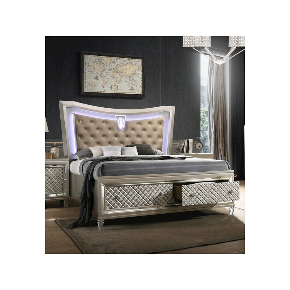 Platform Bed with Tufted Buttons, Acrylic Legs, Back Lighting and 2 Drawers on the Footboard