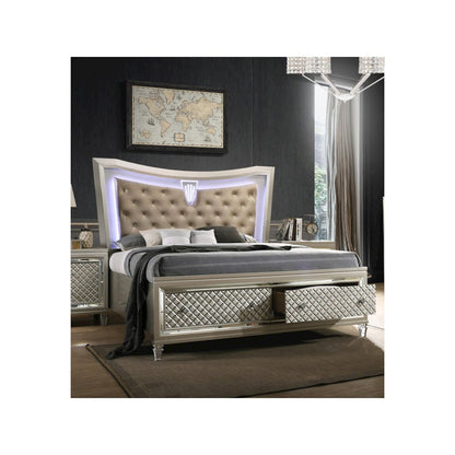 Platform Bed with Tufted Buttons, Acrylic Legs, Back Lighting and 2 Drawers on the Footboard