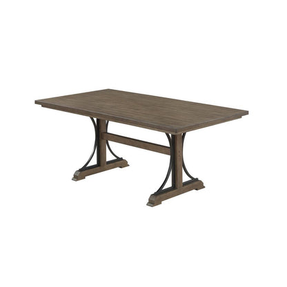 7 piece dining set in brown oak with matching beige linen side chairs and bench
