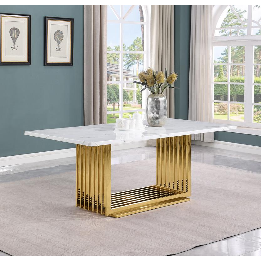 7pc Small(68") marble top dining set with gold base and 6 Dark grey side chairs