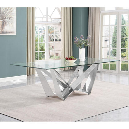 7pc Large(94") glass top dining set with silver base and 6 Dark grey side chairs