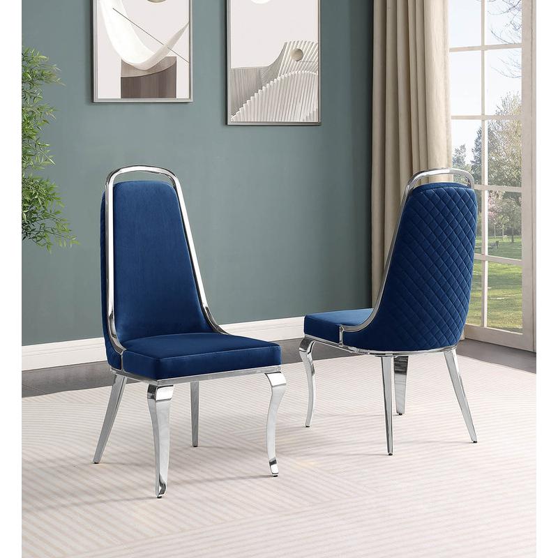 7pc Large(79") marble top dining set with silver base and 6 Navy blue chairs
