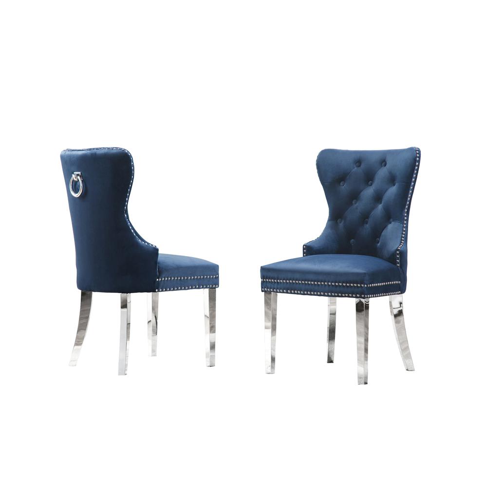 White Marble 5pc Set Tufted Wingback Chairs in Navy Blue Velvet