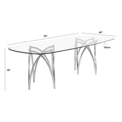 9Pc Tempered Glass Dining Table Set With 8 Gray With Matte Silver Side Chairs