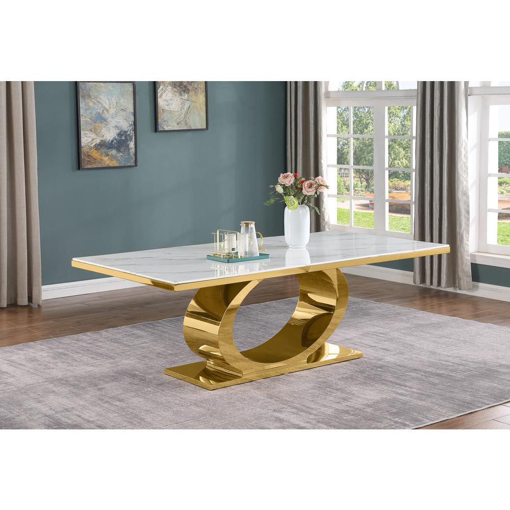 7pc Large (87") marble top dining set with gold base and 6 Navy blue side chairs