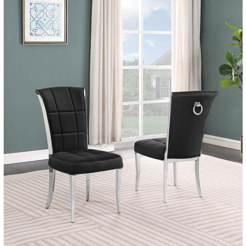 7pc Small(68") marble top dining set with silver base and 6 Black side chairs
