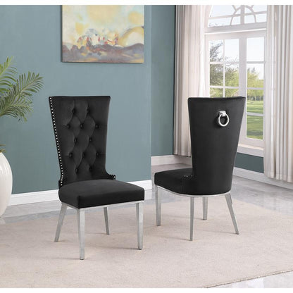 7pc Large(79") marble top dining set with silver base and 6 Black side chairs