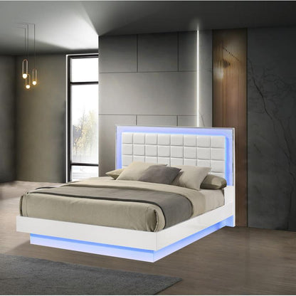 White Eastern king size bed with a plateform frame and adjustable LED lighting