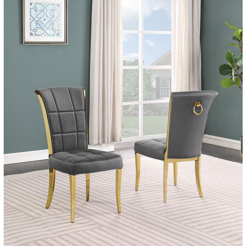 7pc Small(66") marble top dining set with gold base and 6 Dark grey side chairs