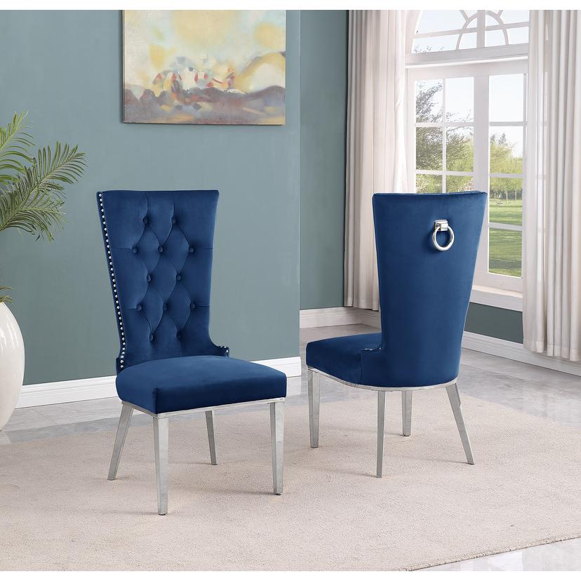 7pc Small(68") marble top dining set with silver base and 6 Navy blue chairs