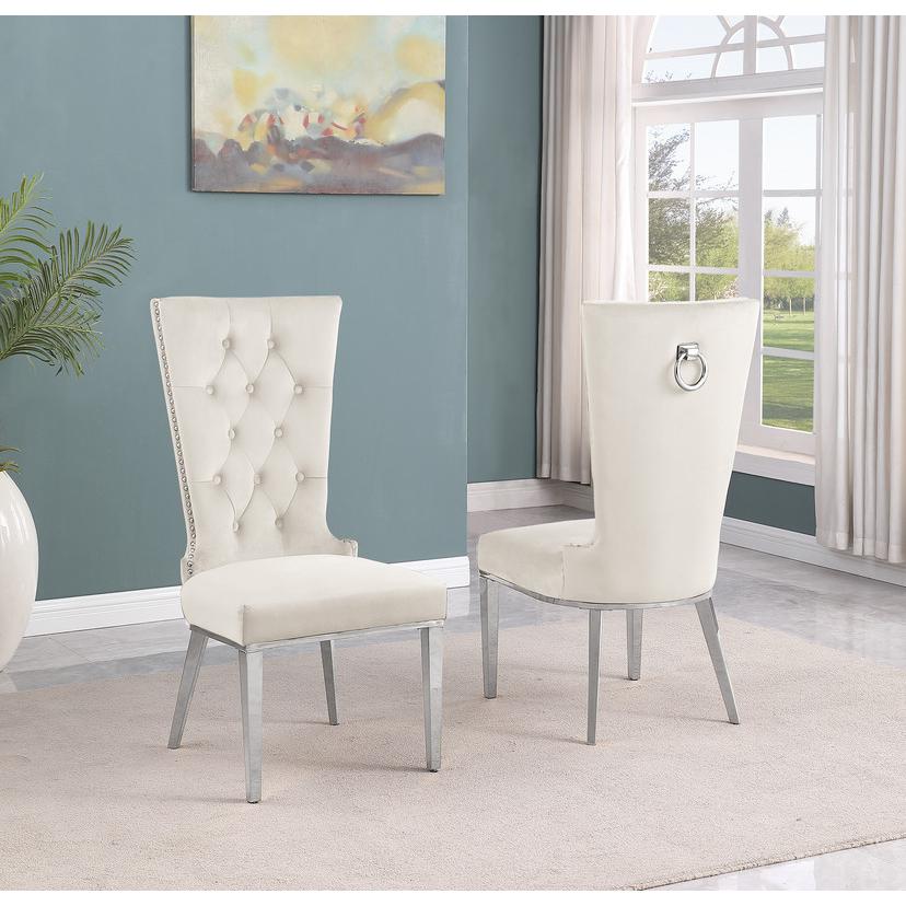 7pc Small(68") marble top dining set with silver base and 6 Cream side chairs