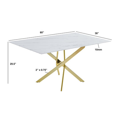 Rectangle Marble Wrap Tempered Glass Dining Table With 4 Linen Beige Side Chairs