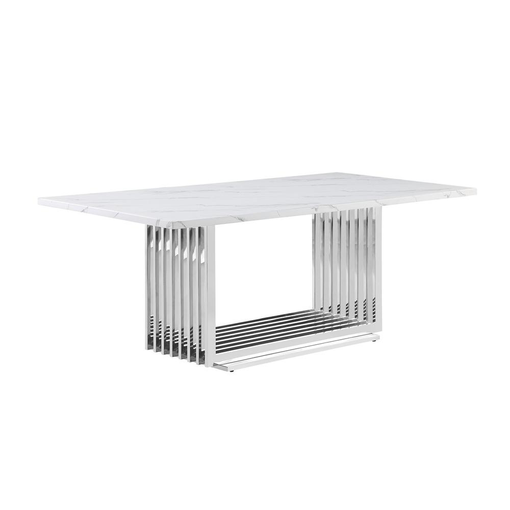 7pc Large(79") marble top dining set with silver base and 6 Cream side chairs