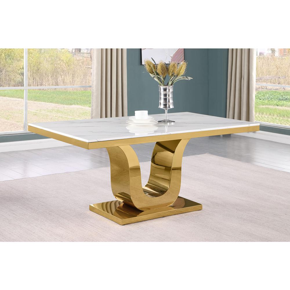 5pc Small(66") marble top dining set with gold base and 4 Cream side chairs