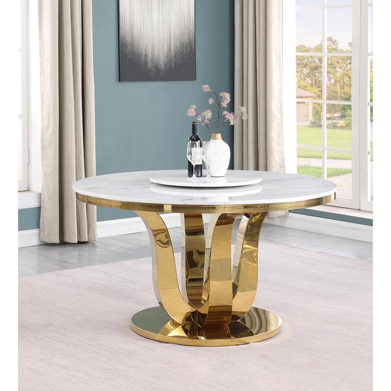 5pc White marble round dining set with gold base and 4 Black side chairs