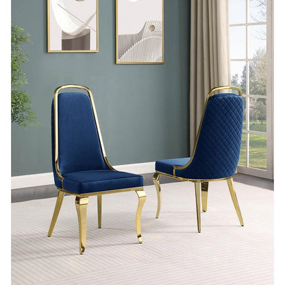 5pc Small(66") marble top dining set with gold base and 4 Navy blue chairs