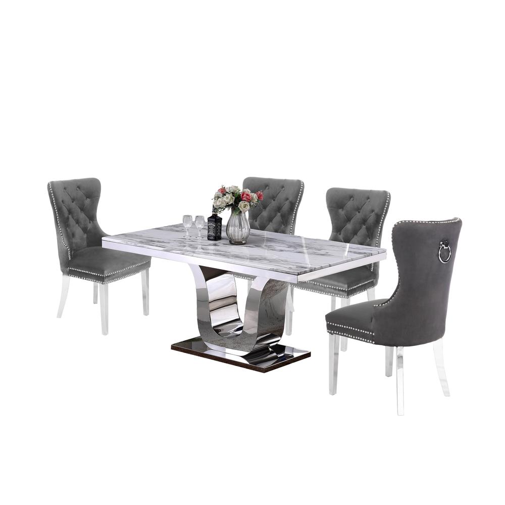 White Marble 5pc Set Tufted Wingback Chairs in Dark Grey Velvet