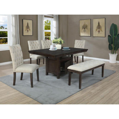 6pc Dining Set w/Uph Bench and Chairs Tufted, Table w/Storage, Beige