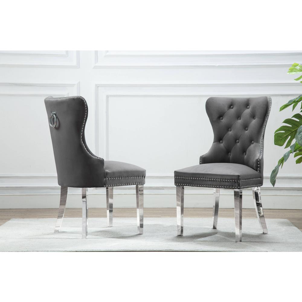 White Marble 5pc Set Tufted Wingback Chairs in Dark Grey Velvet