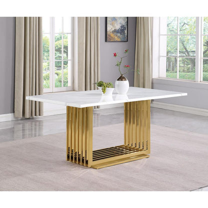 7pc Small(68") marble top dining set with gold base and 6 Dark grey side chairs