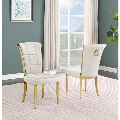 9pc Large(78") marble top dining set with gold base and 8 Cream side chairs