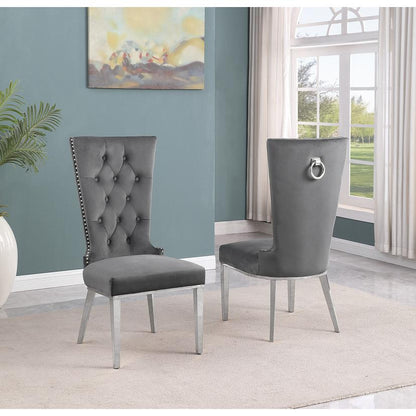 9pc Large(87") marble top dining set with silver base and  8 Dark grey chairs