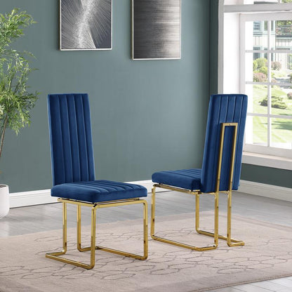 7pc Small(68") marble top dining set with gold base and 6 Navy blue side chairs