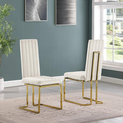 7pc Small(68") marble top dining set with gold base and 6 Cream side chairs