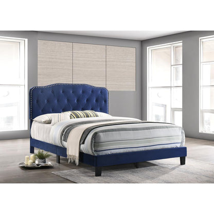 Navy Velvet Uph. Panel Bed with Silver Nailhead - Full