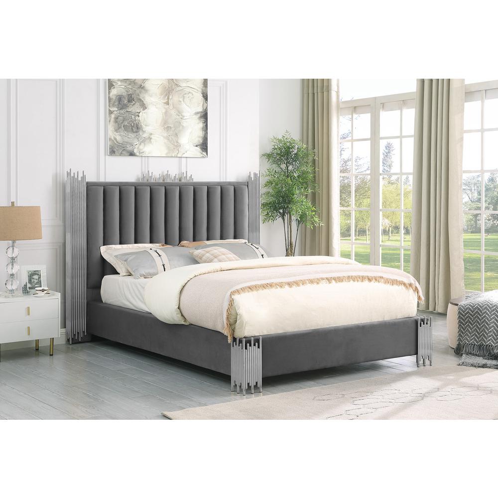 Queen size Dark grey velvet bed with silver corners (Platform)