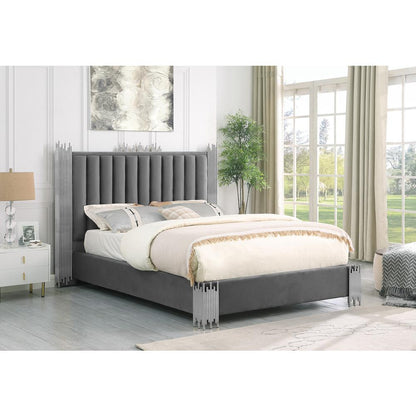 Queen size Dark grey velvet bed with silver corners (Platform)