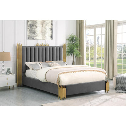 Queen size Dark grey velvet bed with gold corners (Platform)