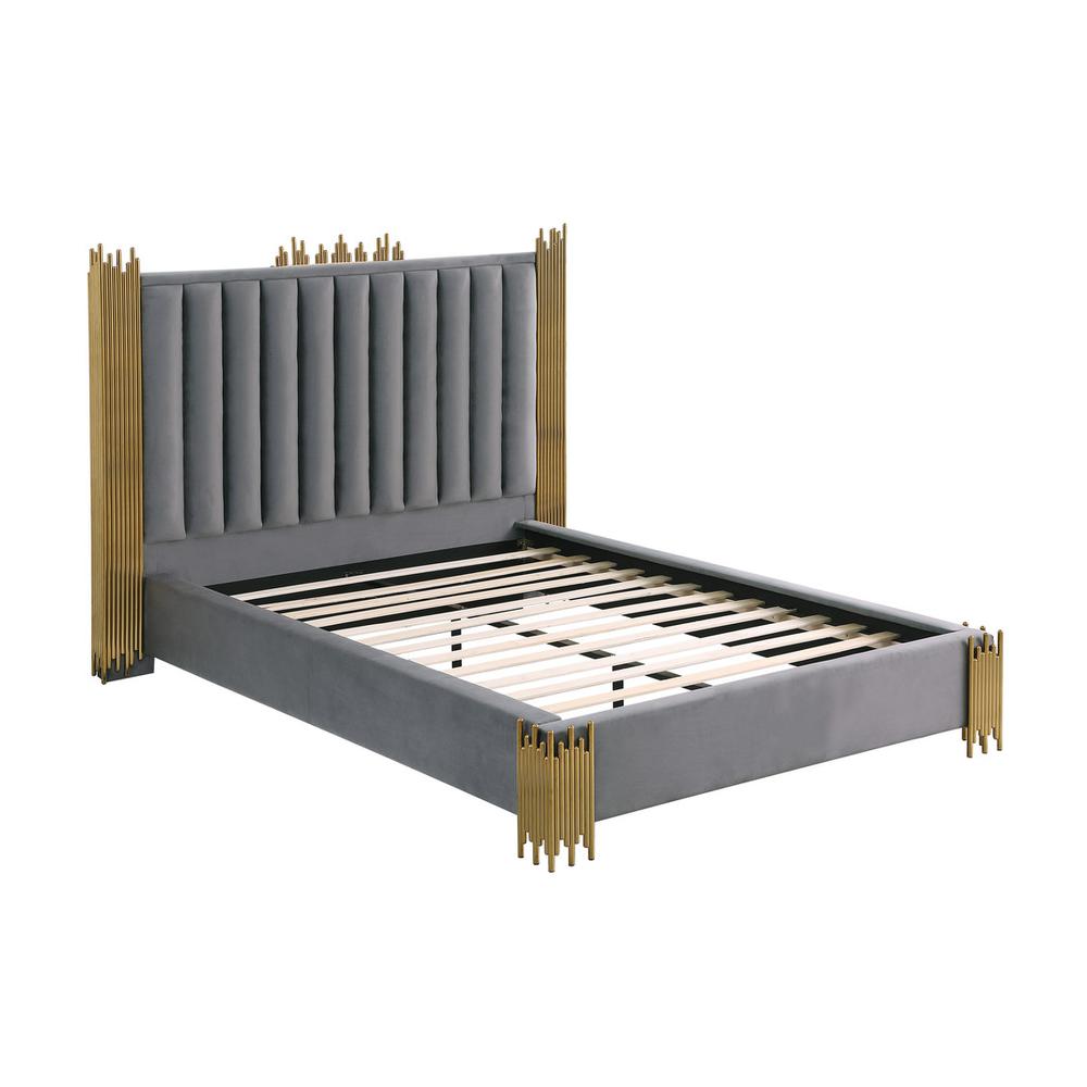 Queen size Dark grey velvet bed with gold corners (Platform)