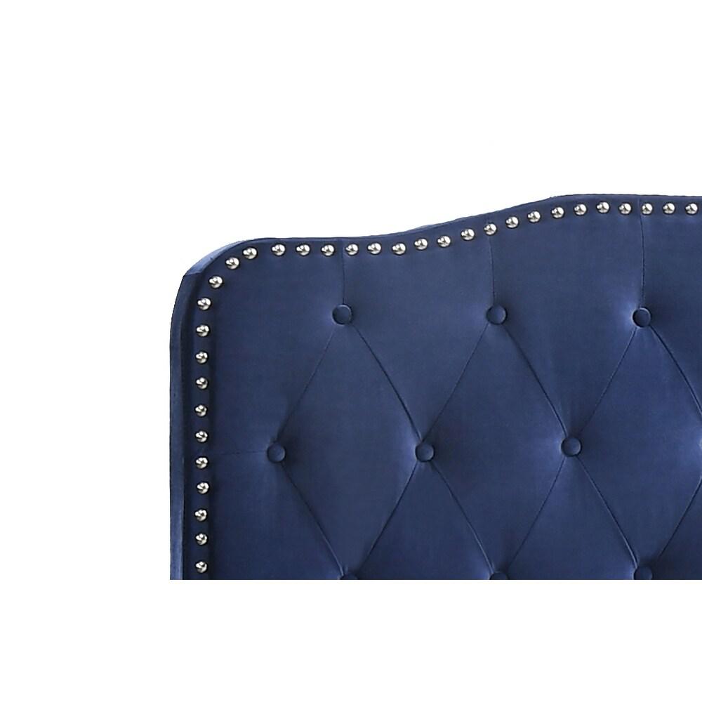 Navy Velvet Uph. Panel Bed with Silver Nailhead - Full