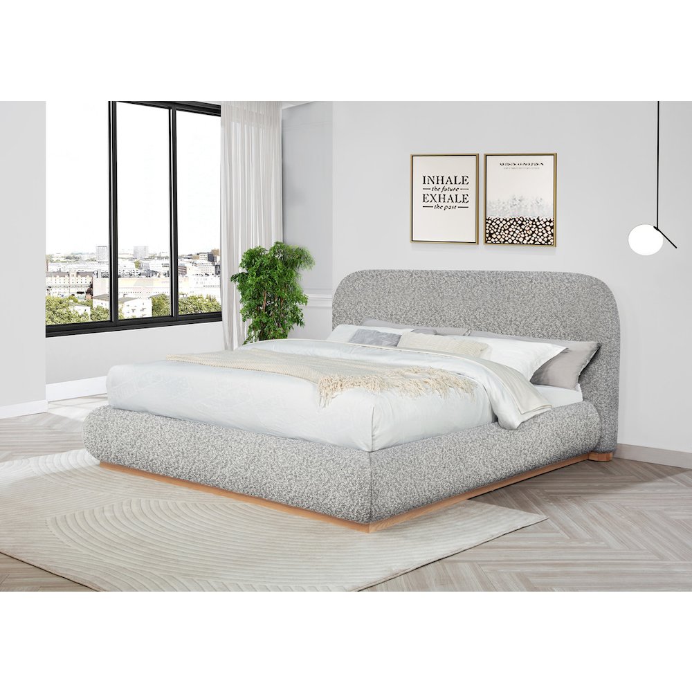 Rich Gray Boucle Queen Platform Bed With Wood Base