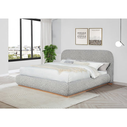 Rich Gray Boucle Queen Platform Bed With Wood Base