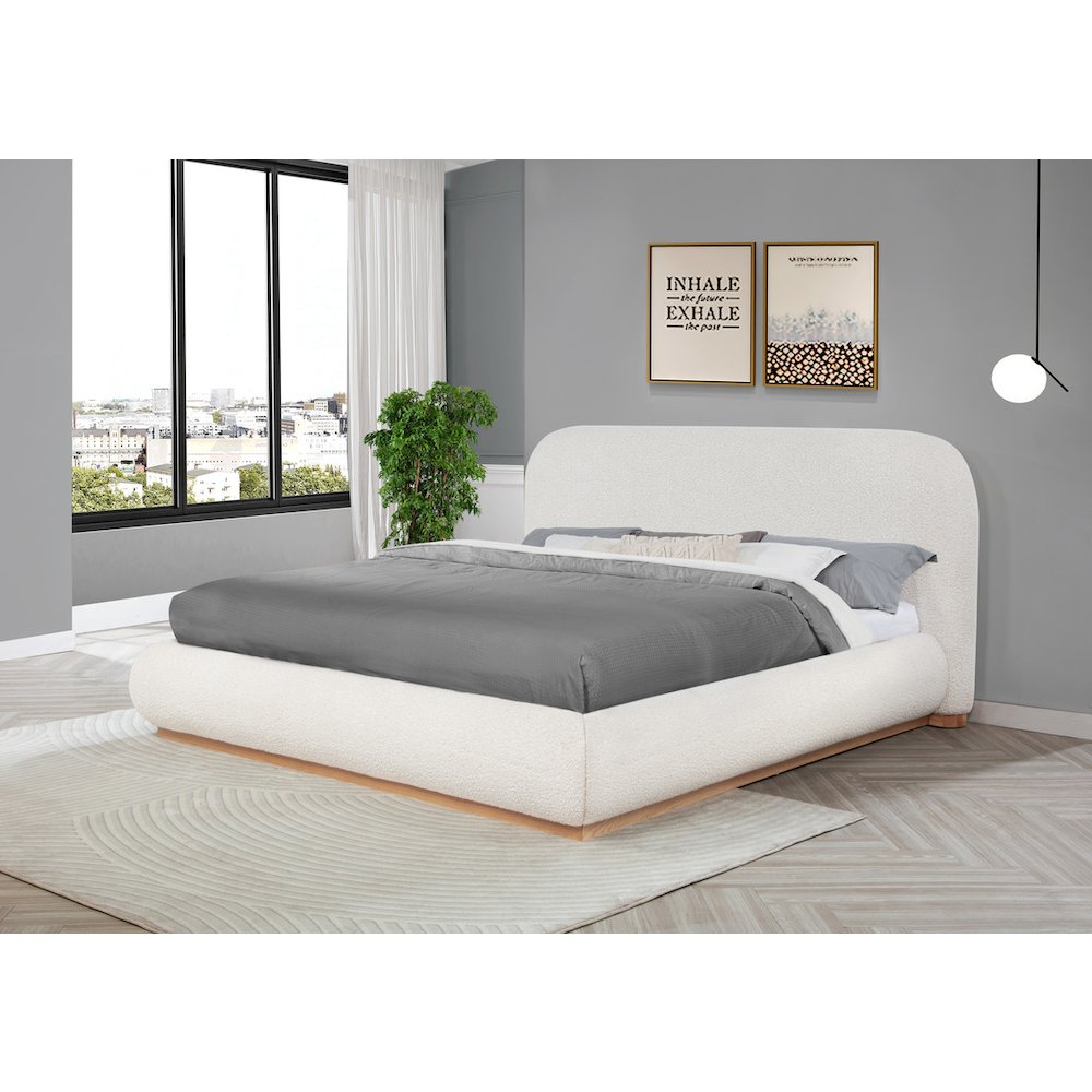 Cream Boucle Queen Platform Bed With Wood Base