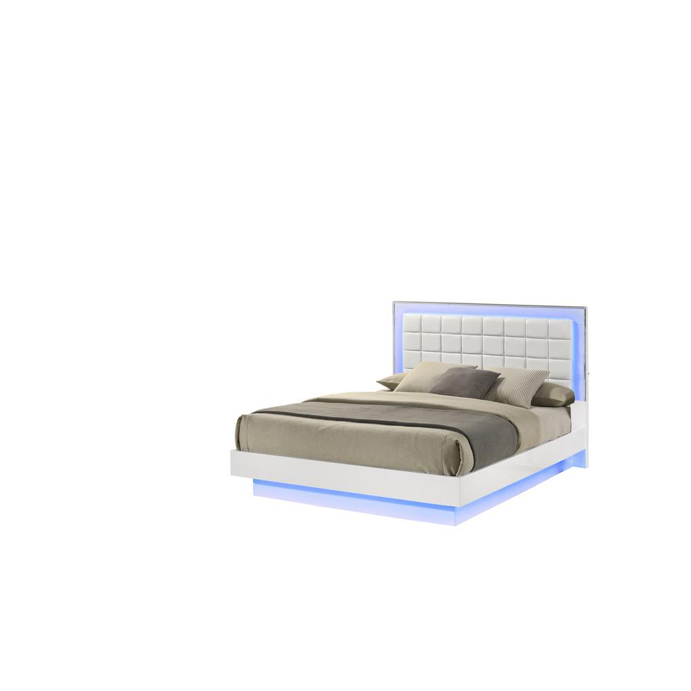 White queen size bed with a plateform frame and adjustable LED lighting
