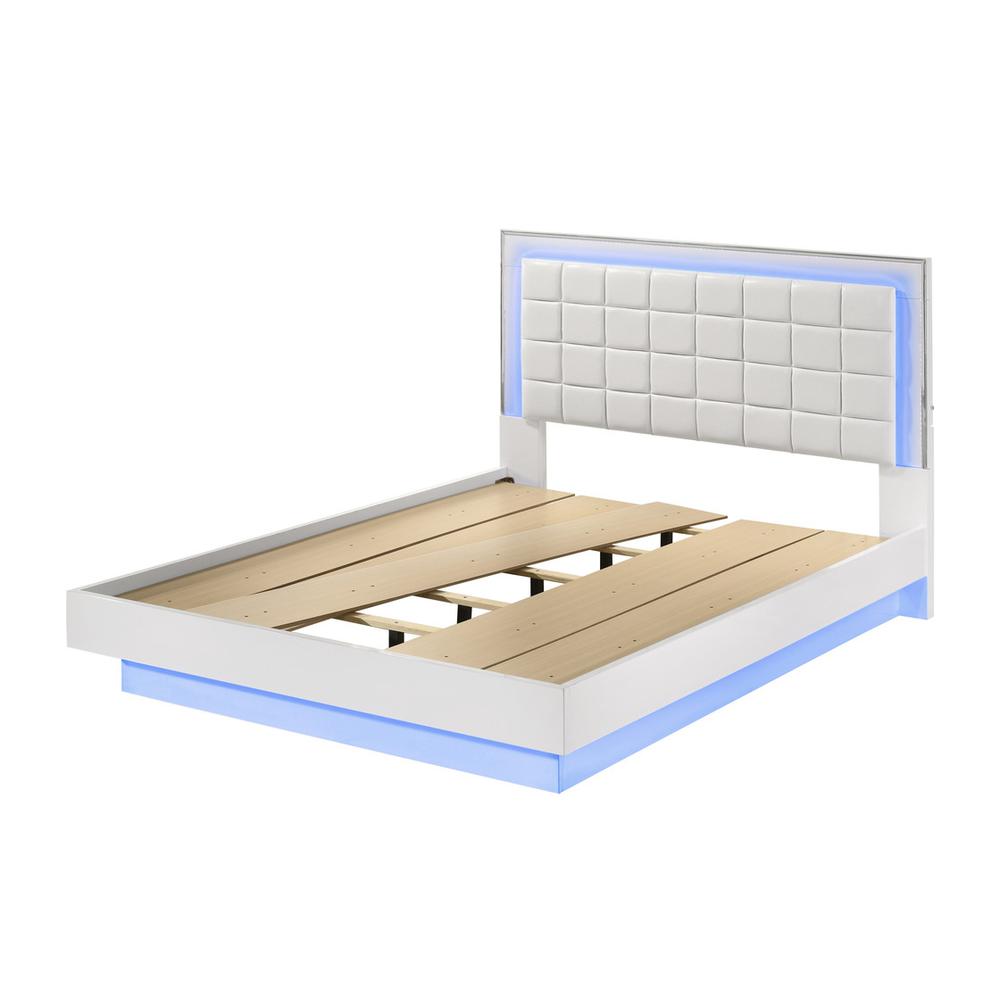 White queen size bed with a plateform frame and adjustable LED lighting