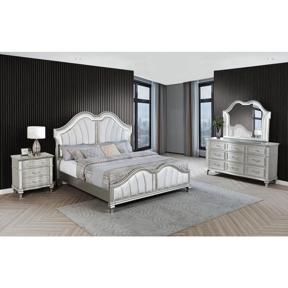 4 Piece Silver Eastern King Panel Bedroom Set ( Ekb+Dresser+Mirror+Ns)