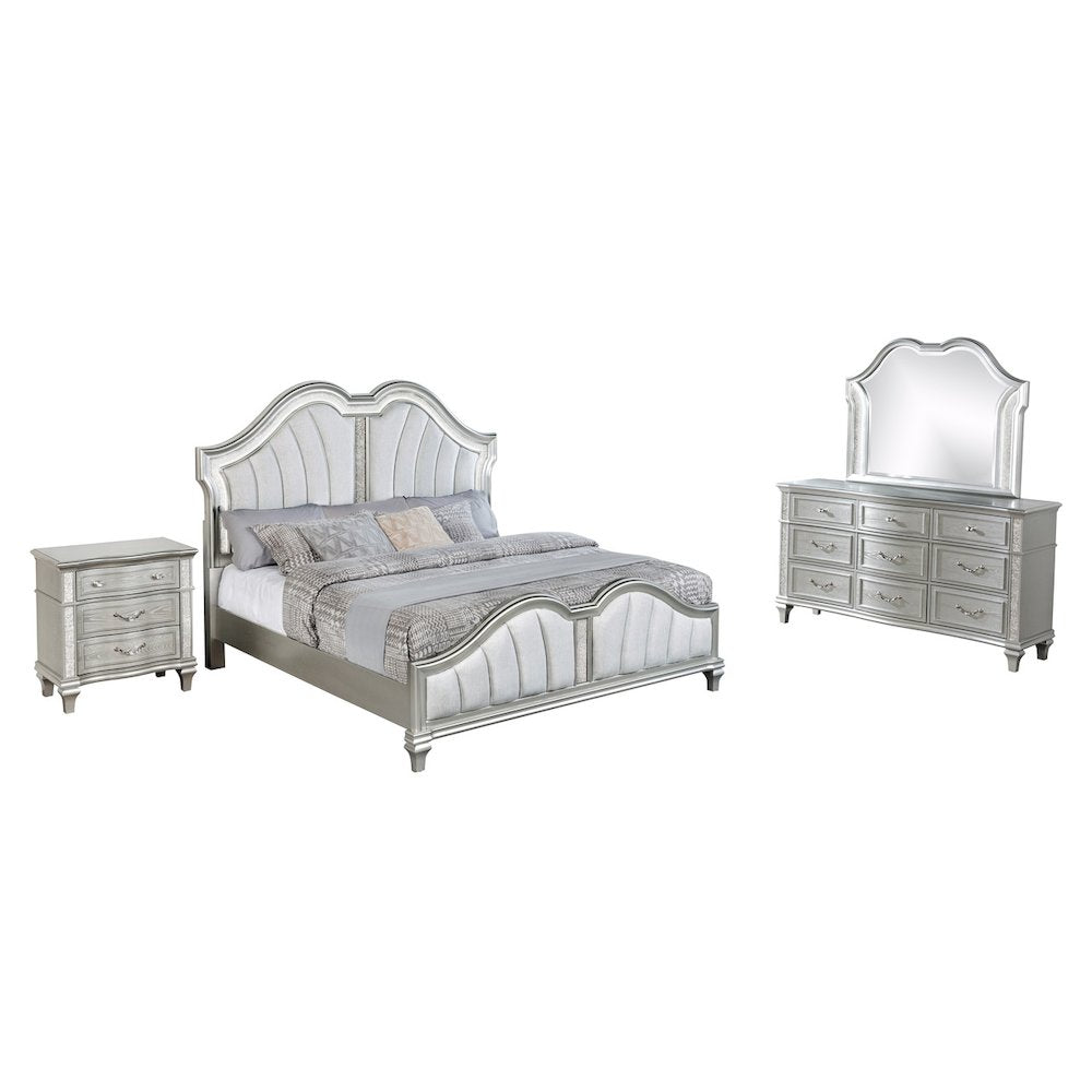 4 Piece Silver Eastern King Panel Bedroom Set ( Ekb+Dresser+Mirror+Ns)
