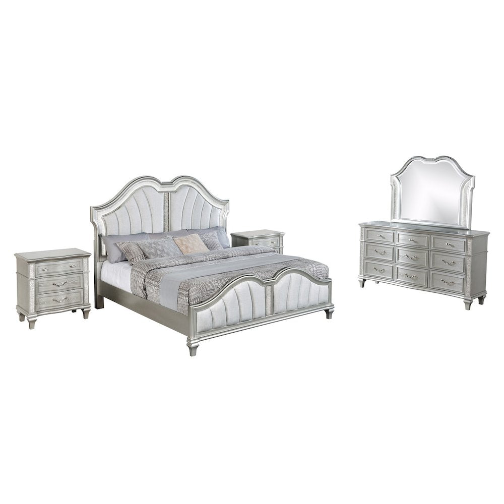 5 Piece Silver Eastern King Panel Bedroom Set ( Ekb+Dresser+ Mirror+ 2Ns)
