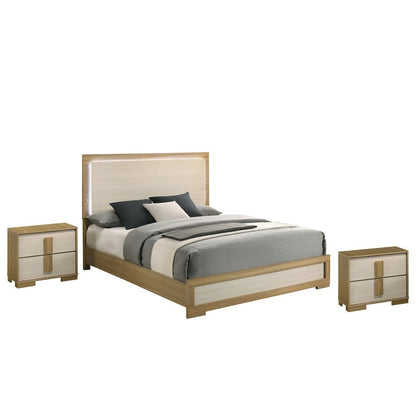 3 piece - Beige wood bedroom set (bed+2Night stands)