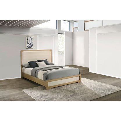 Beige wood eastern king panel bed
