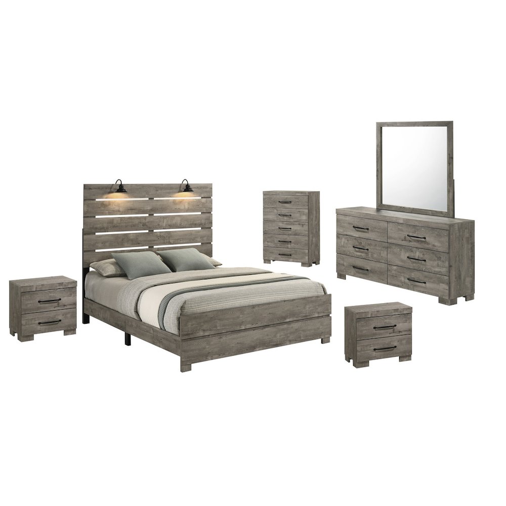 6Pc Modern Full Size Panel Bedroom Set In Antique Gray Color